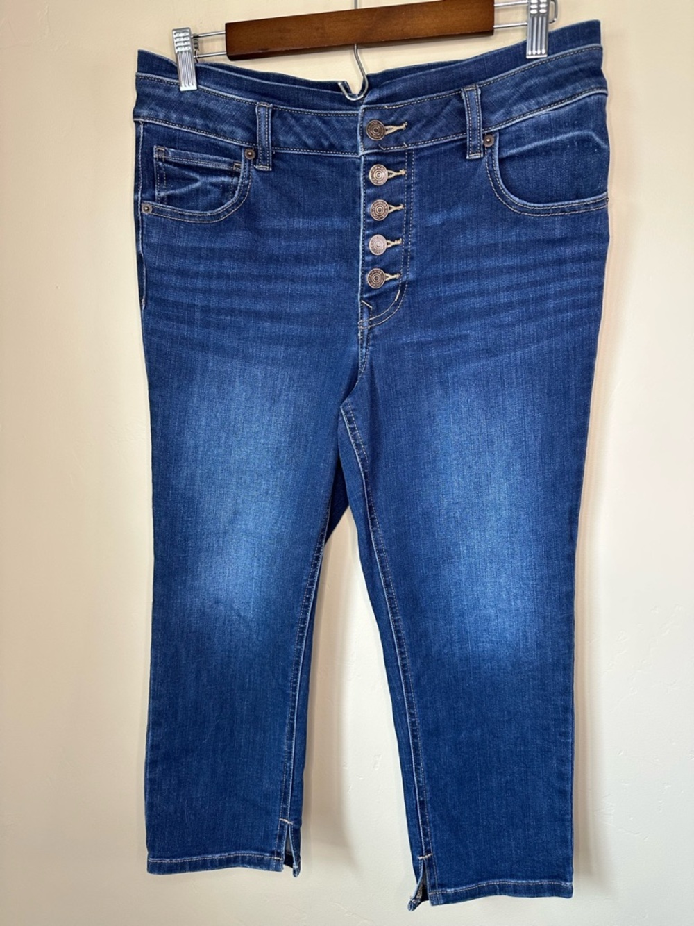Maurices Dark Blue Button-Fly Cropped Jeans with Notched Waist Band